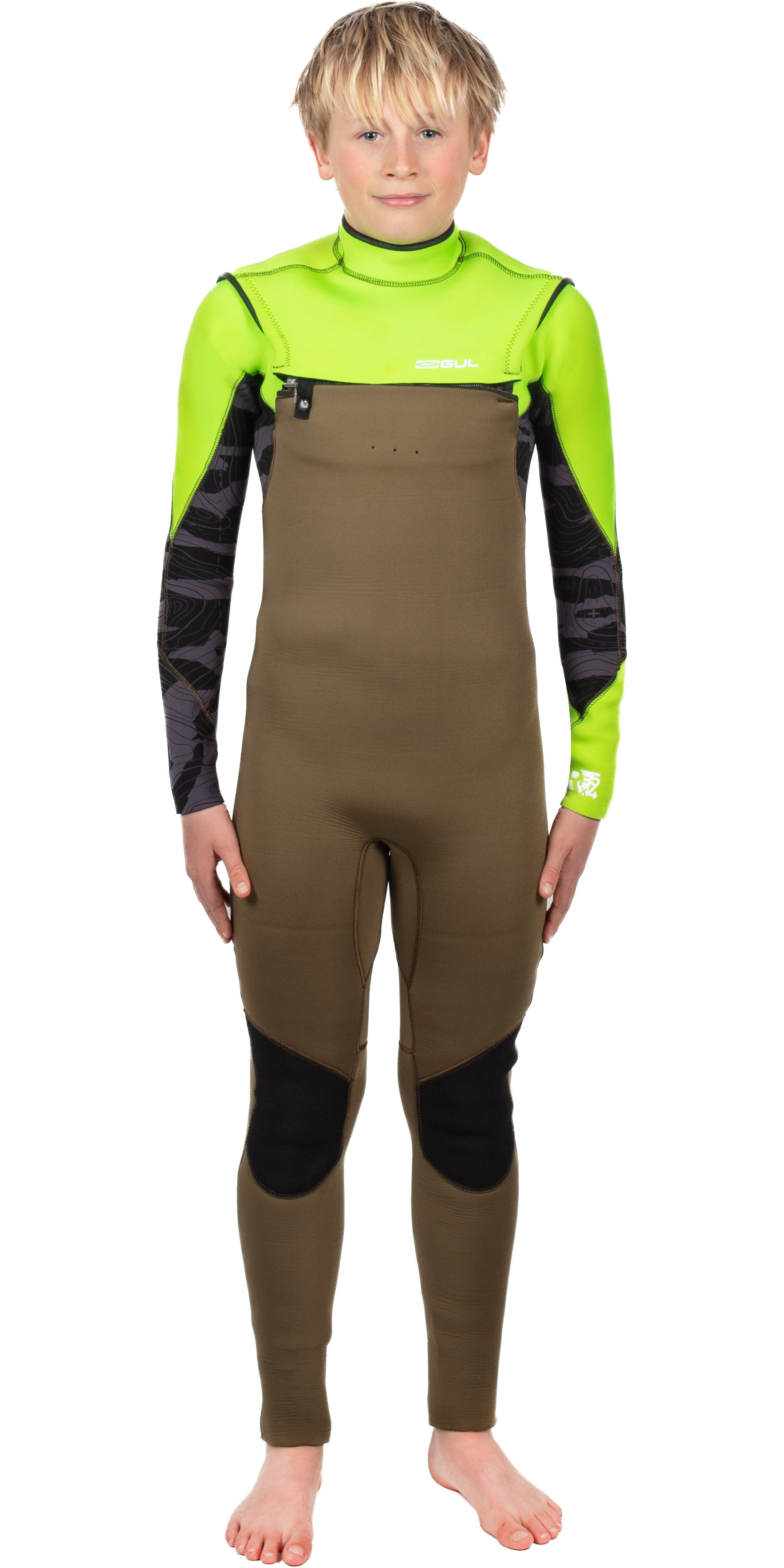 2025 Gul Junior Response 5/4mm GBS Chest Zip Wetsuit RE1251-C1 - Green / Sulphur